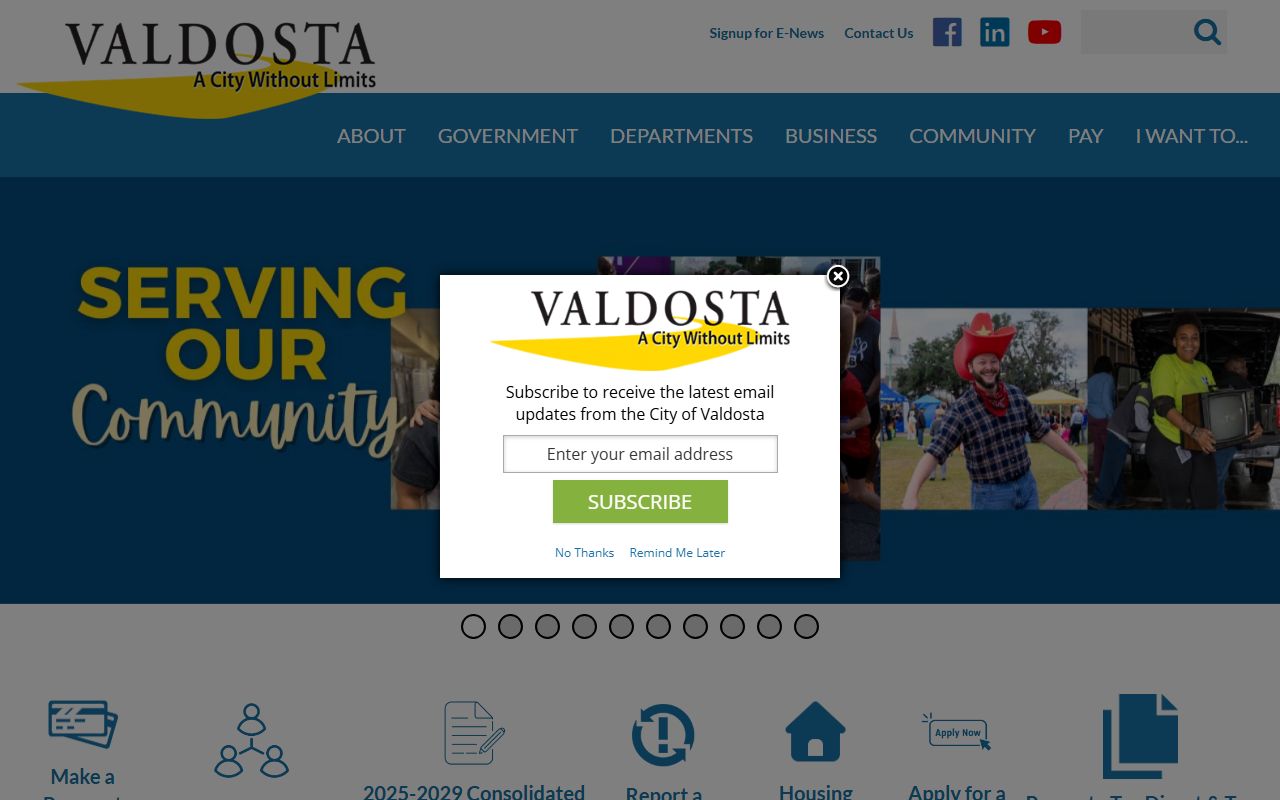 Valdosta city website showing property tax information and online services