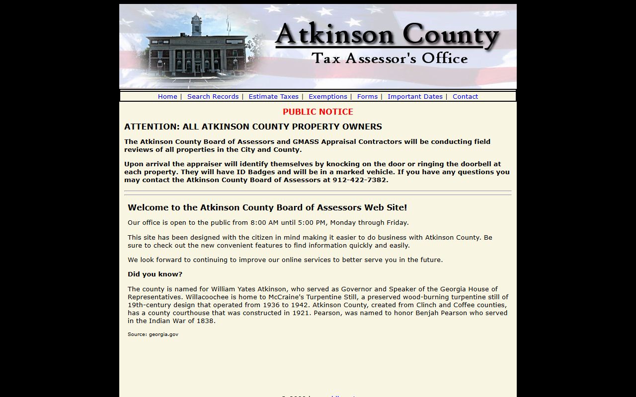 Pearson courthouse area in Atkinson County Georgia showing local government services for property tax