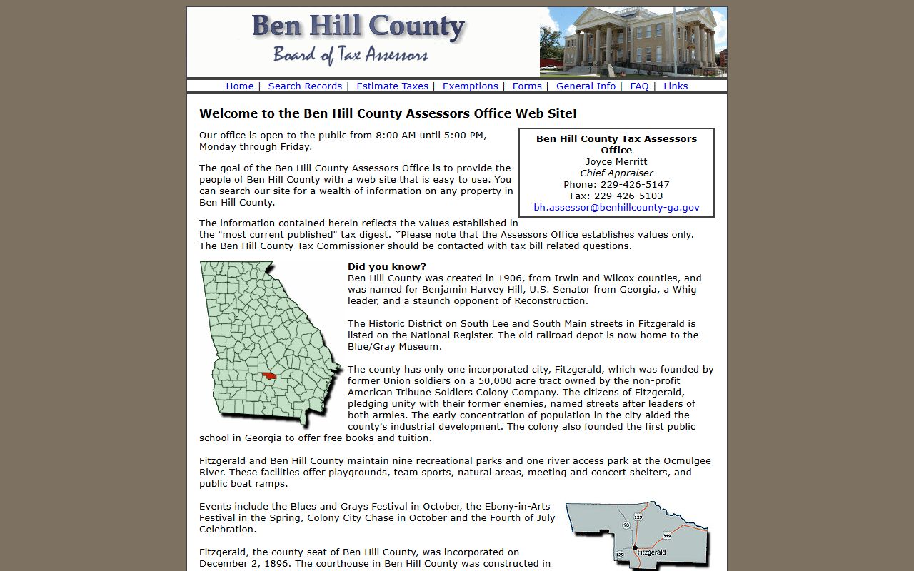 Ben Hill County Georgia courthouse in Fitzgerald for property tax records