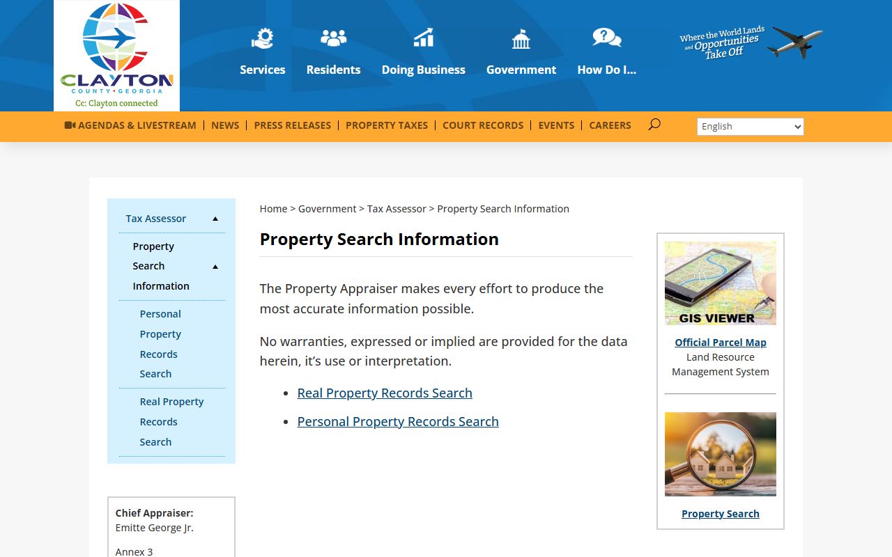 Clayton County property search page showing online tax record lookup