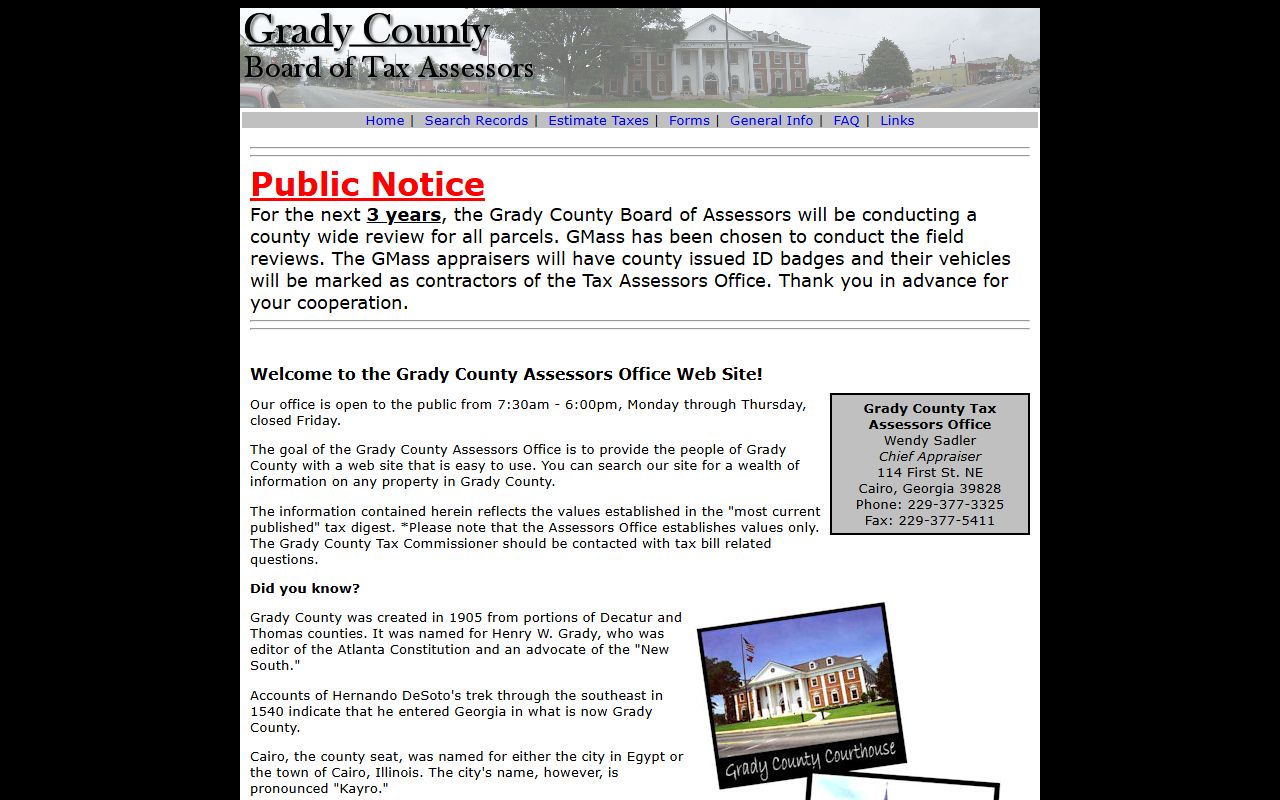 Grady County Courthouse in Cairo Georgia where property tax records are maintained