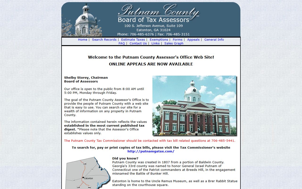 Putnam County Georgia courthouse in Eatonton for property tax records