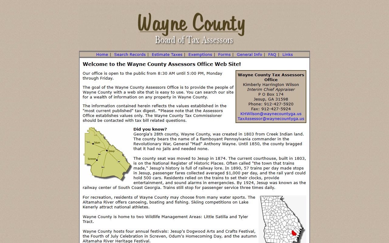 Wayne County Georgia courthouse in Jesup for property tax records
