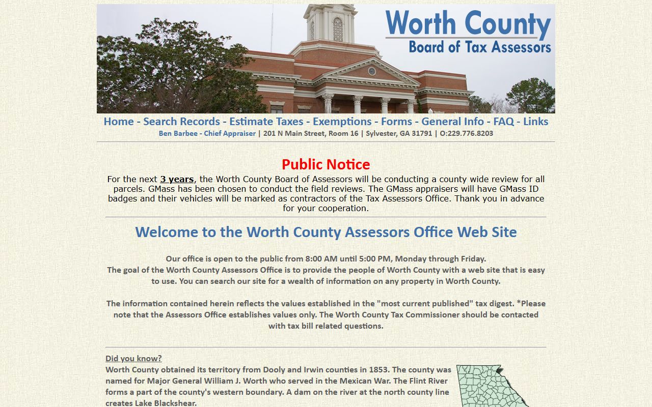 Worth County Georgia courthouse and government buildings in Sylvester showing property tax records office