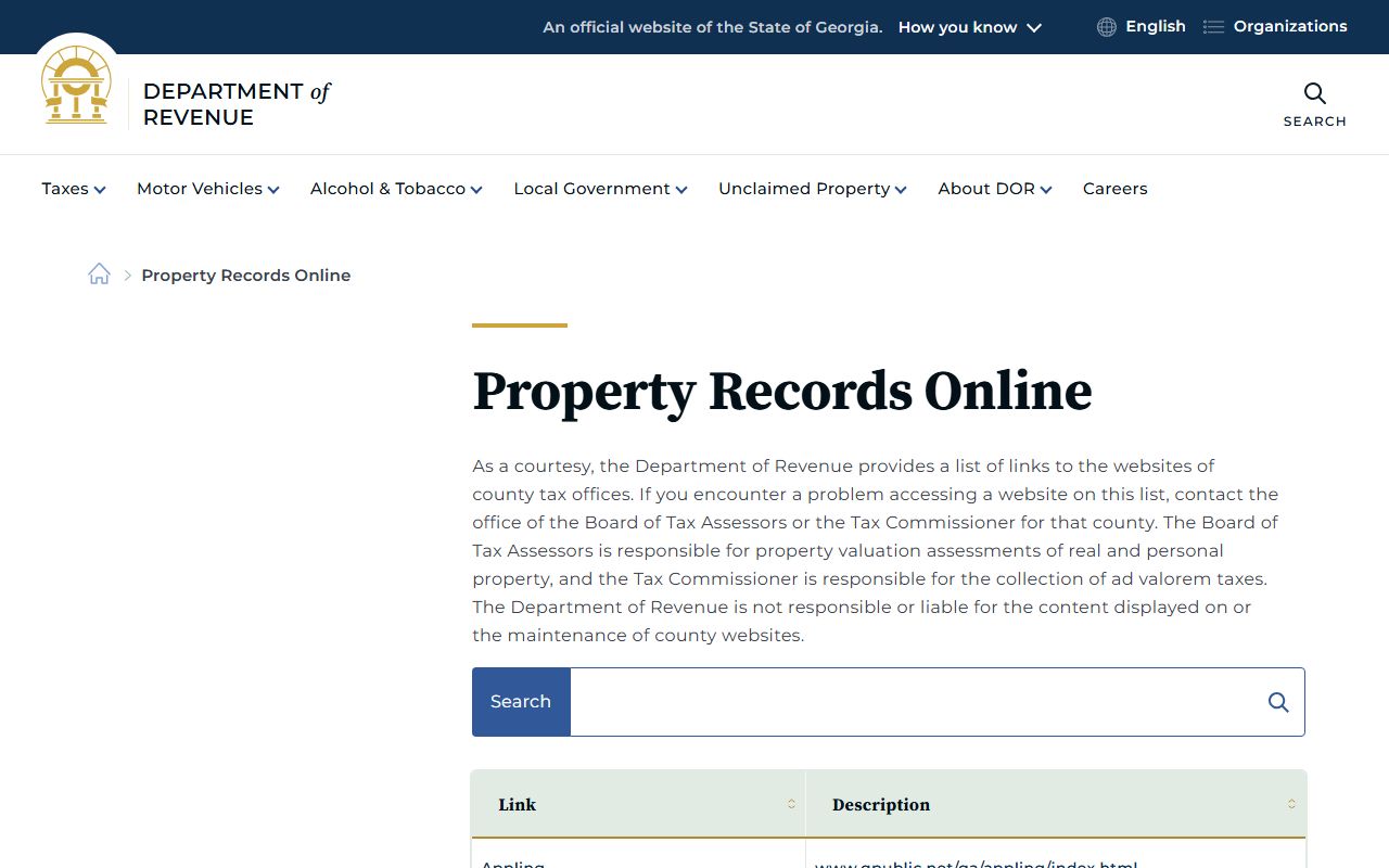 Georgia Department of Revenue Property Records Online Portal showing county tax office links