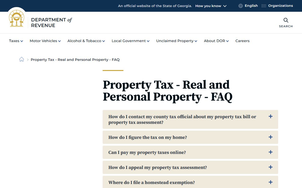 Georgia DOR Property Tax FAQ page with frequently asked questions