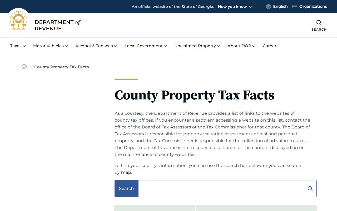 Georgia DOR County Property Tax Facts page with county-by-county information