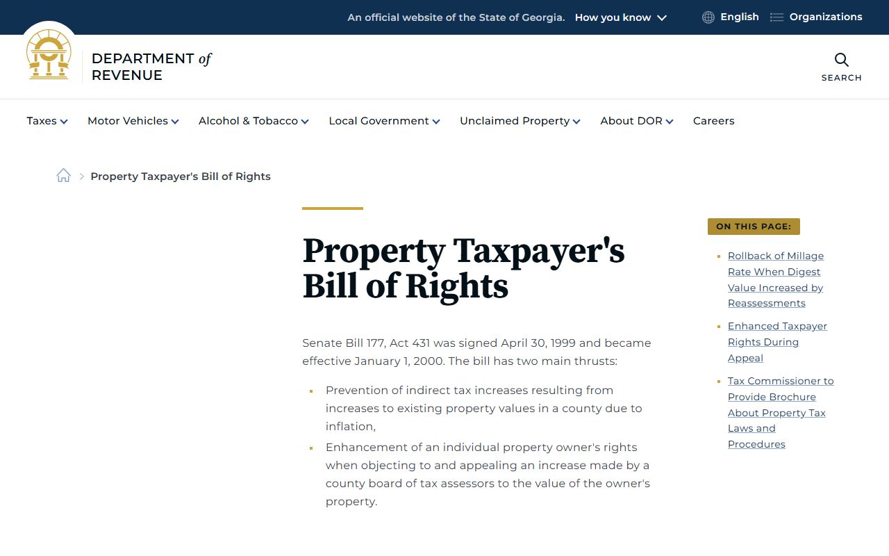 Georgia DOR Property Taxpayer Bill of Rights page showing appeal procedures