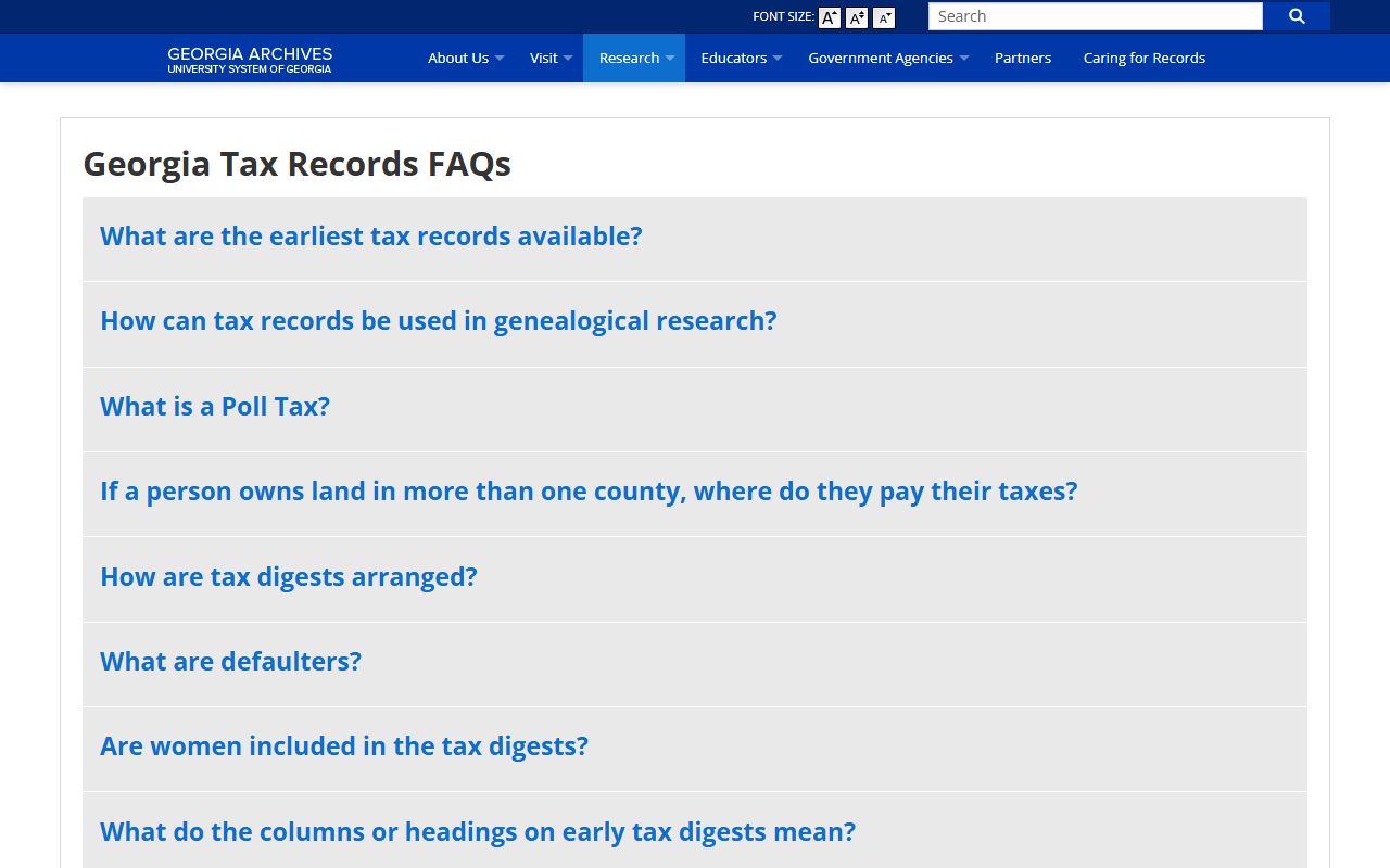 Georgia Archives tax records FAQ page for historical research